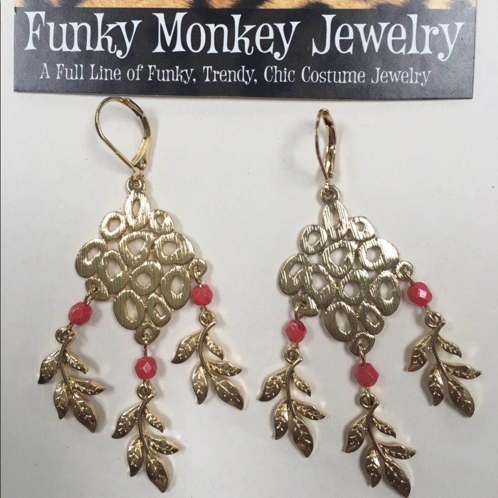 Gold/Orange Feather Dangle Earrings